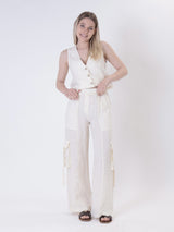 Butter-colored pure linen cargo trousers