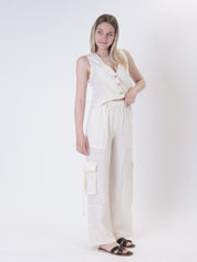 Butter-colored pure linen cargo trousers