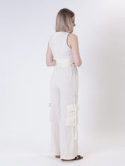 Butter-colored pure linen cargo trousers