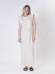 Cream sequin pocket shoulder-pad dress