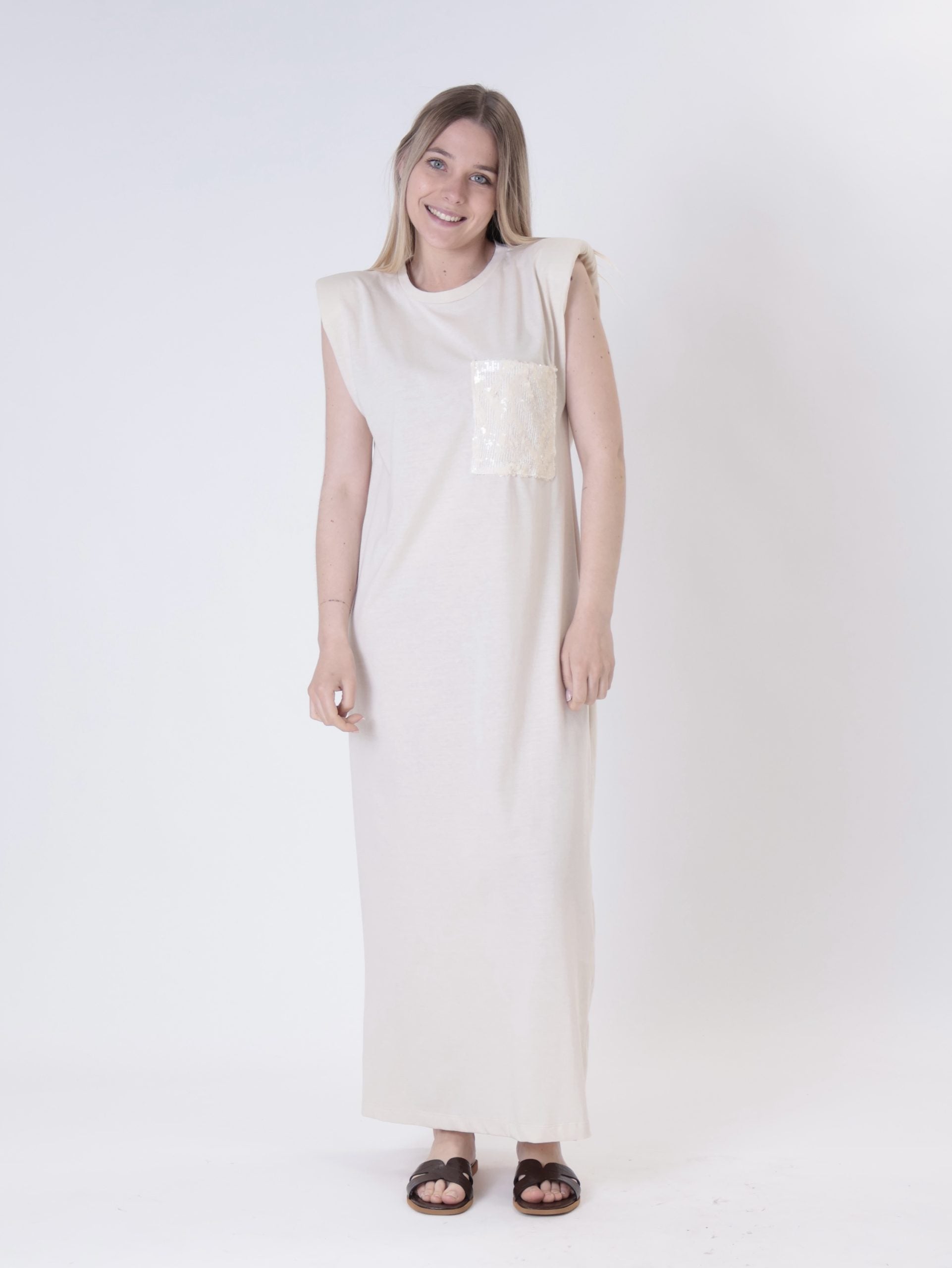 Cream sequin pocket shoulder-pad dress