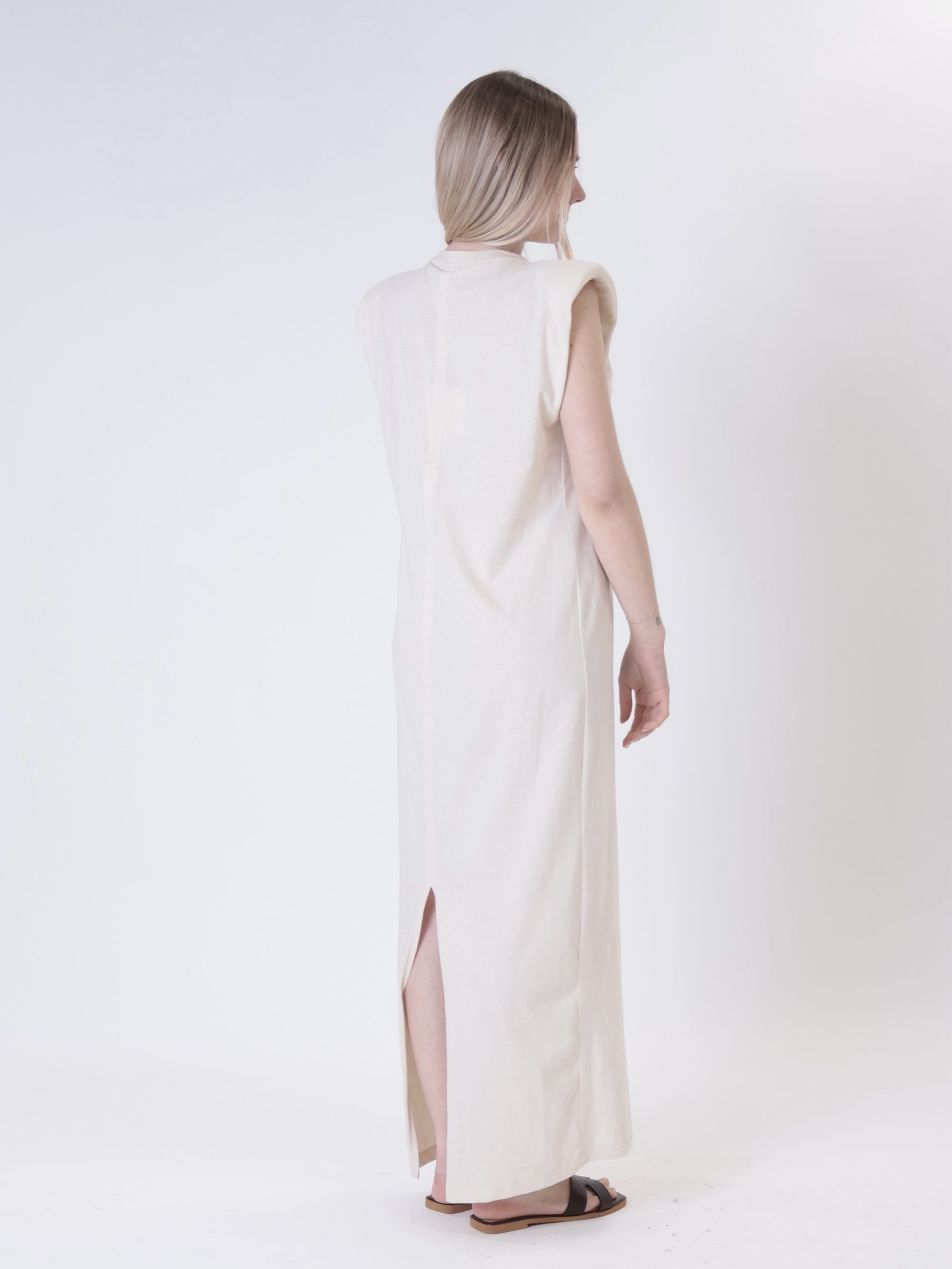 Cream sequin pocket shoulder-pad dress