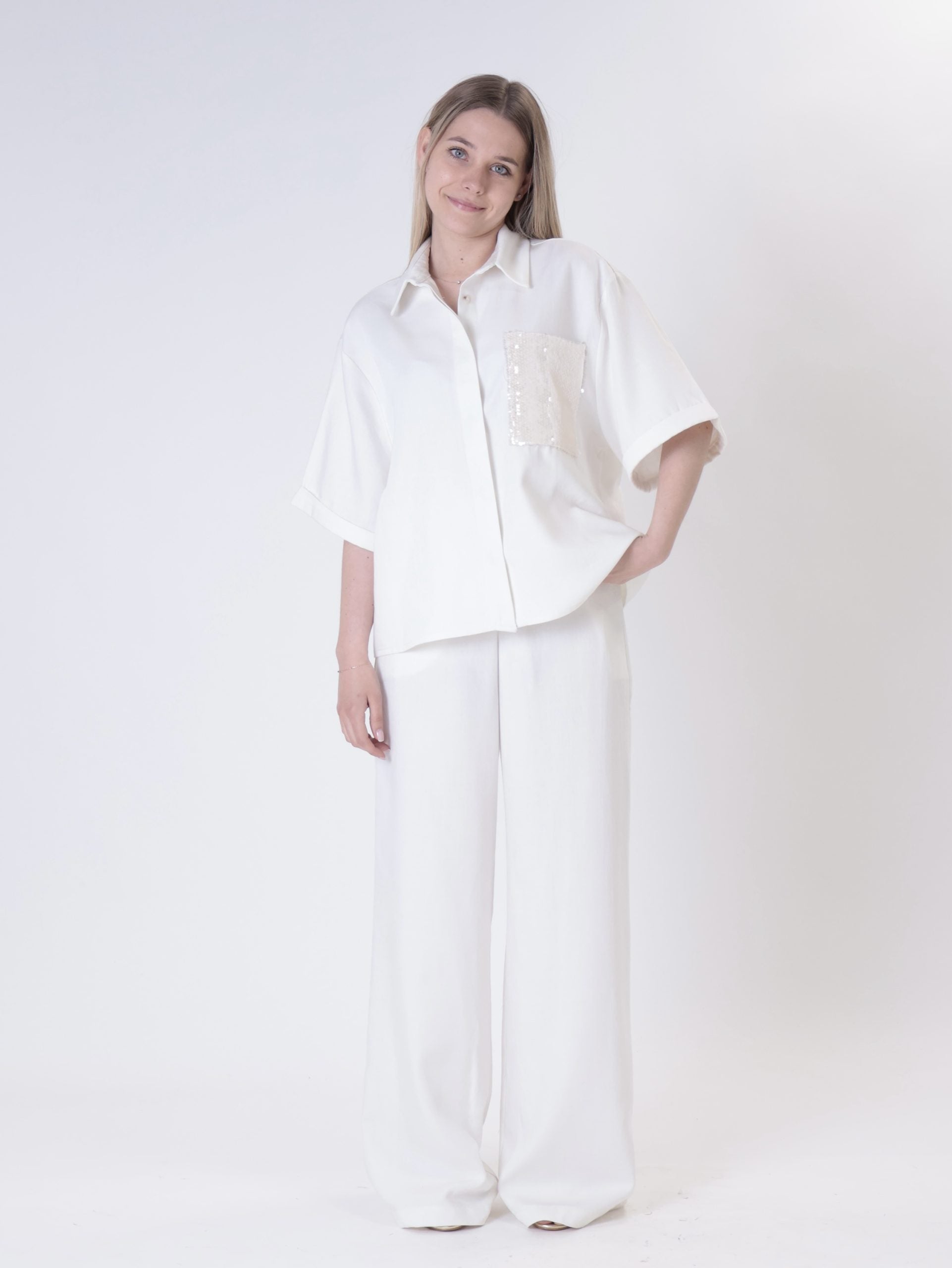 White Tencel shirt with sequin pocket