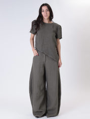 Military green 100% linen barrel trousers