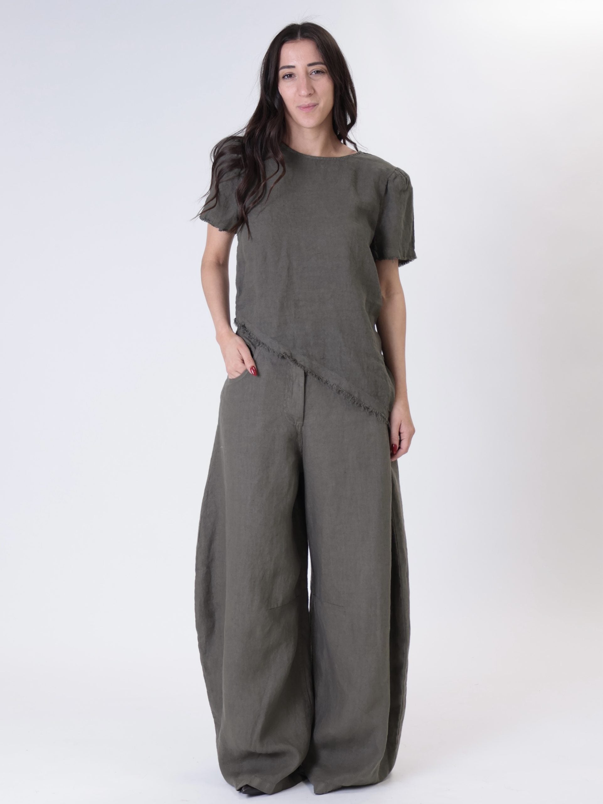 Military green 100% linen barrel trousers