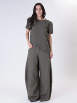 Military green 100% linen barrel trousers