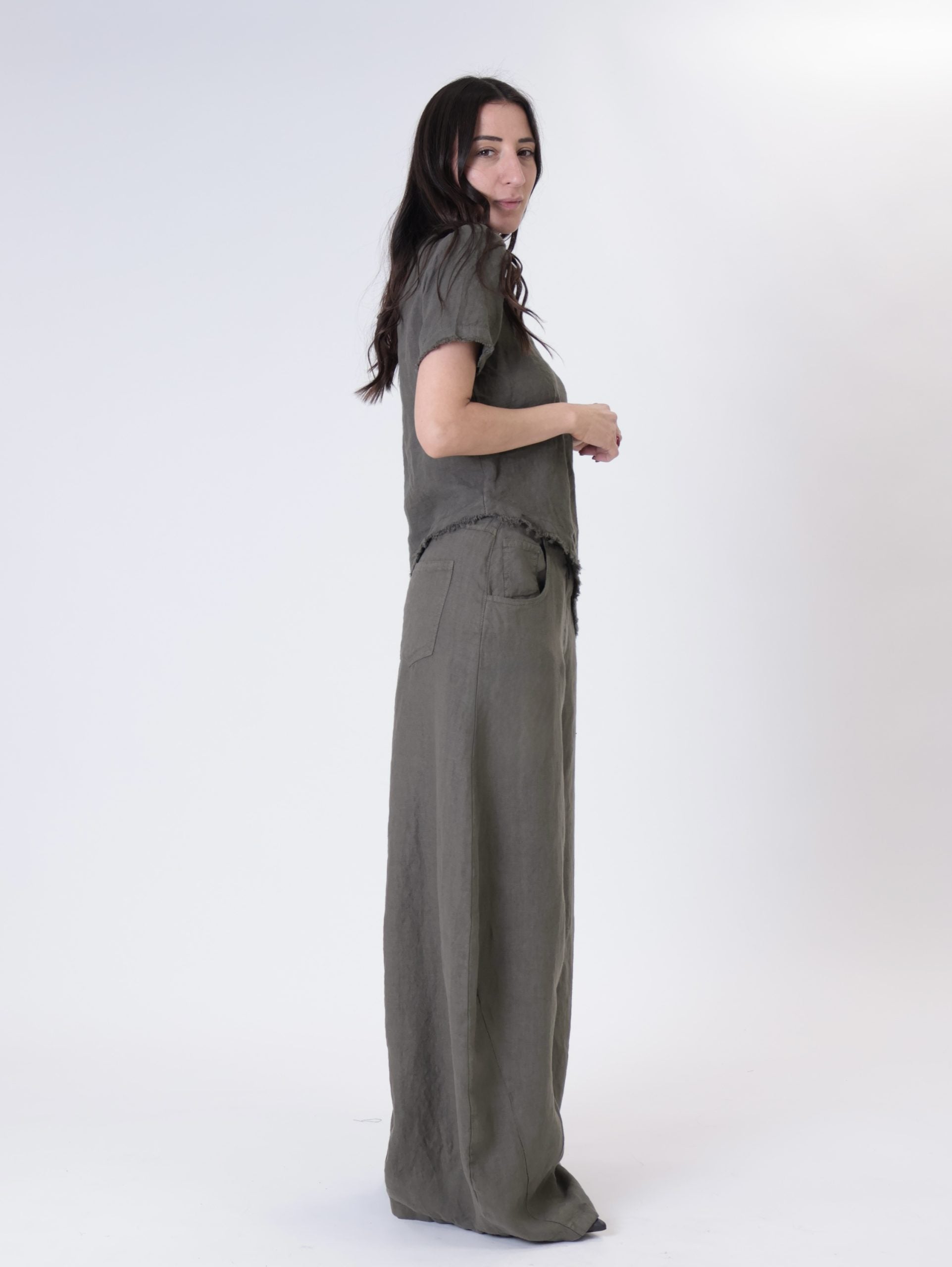 Military green 100% linen barrel trousers