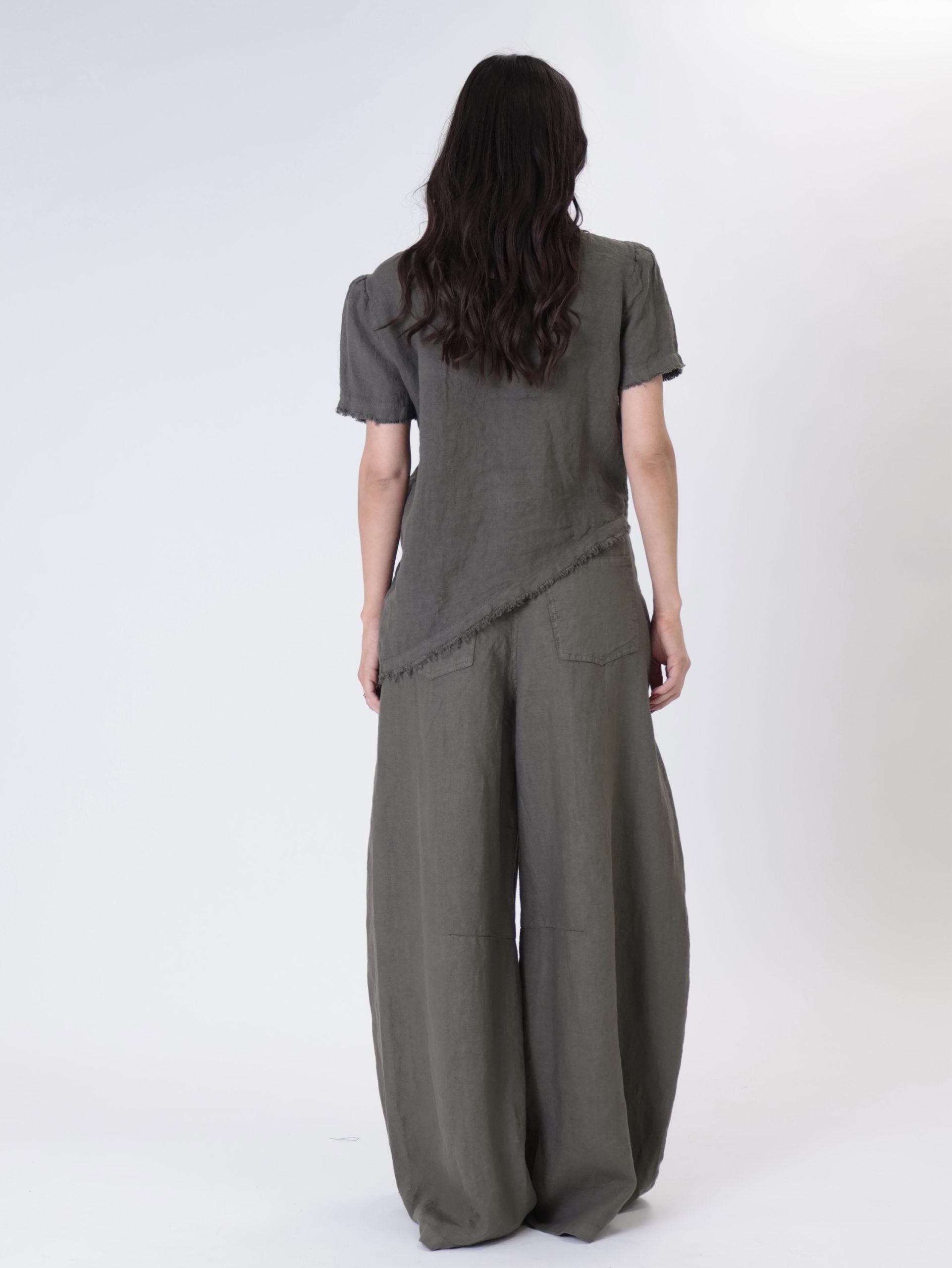 Military green 100% linen barrel trousers