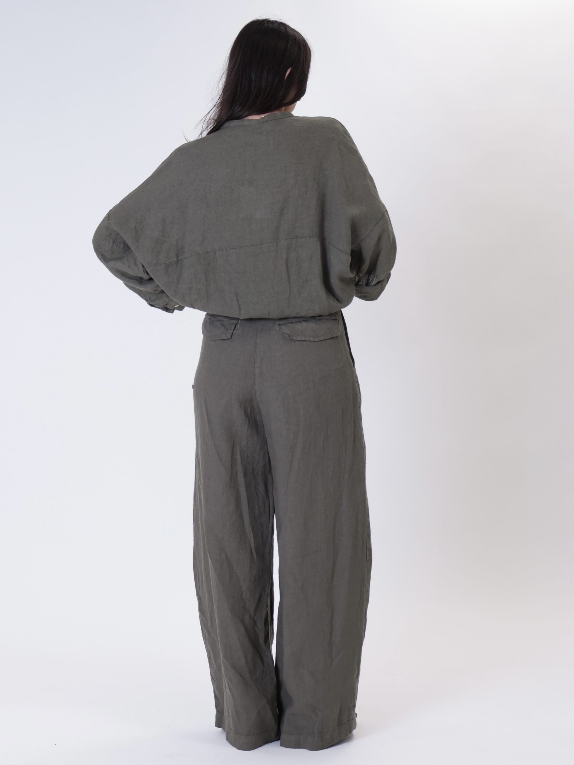 Military green 100% linen pleated trousers