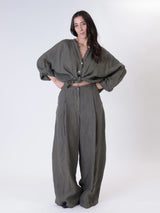 Military green 100% linen pleated trousers