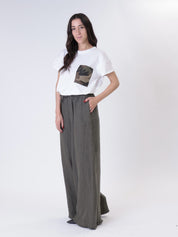 Military green 100% linen trousers with elasticated waist