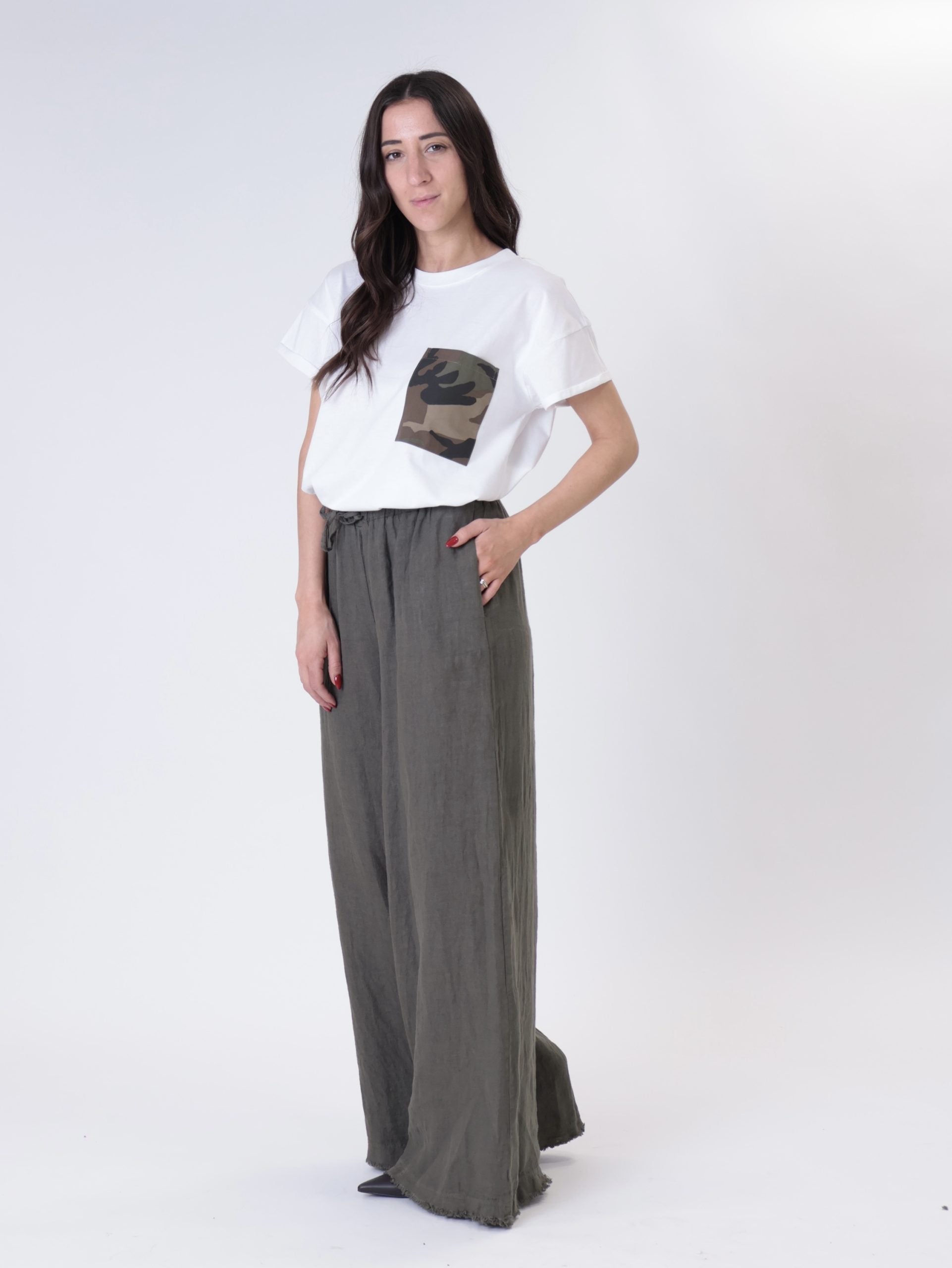 Military green 100% linen trousers with elasticated waist