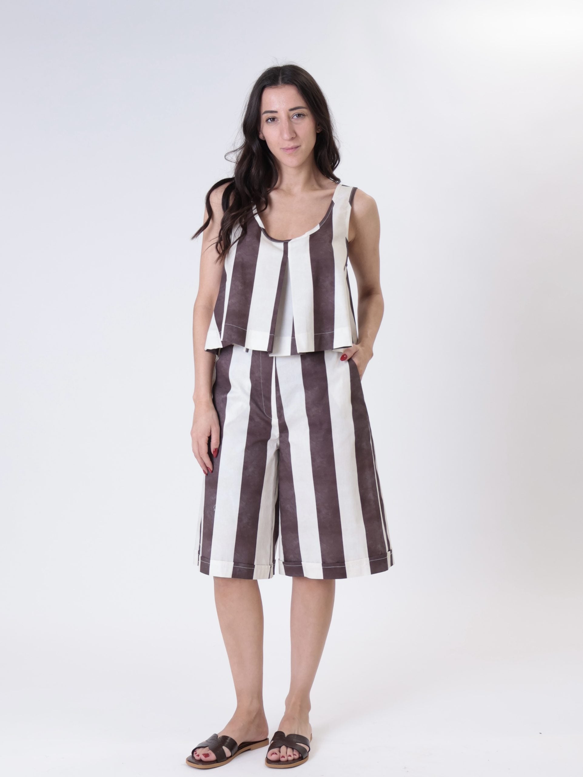 Top + Bermuda set butter/dark brown stripe