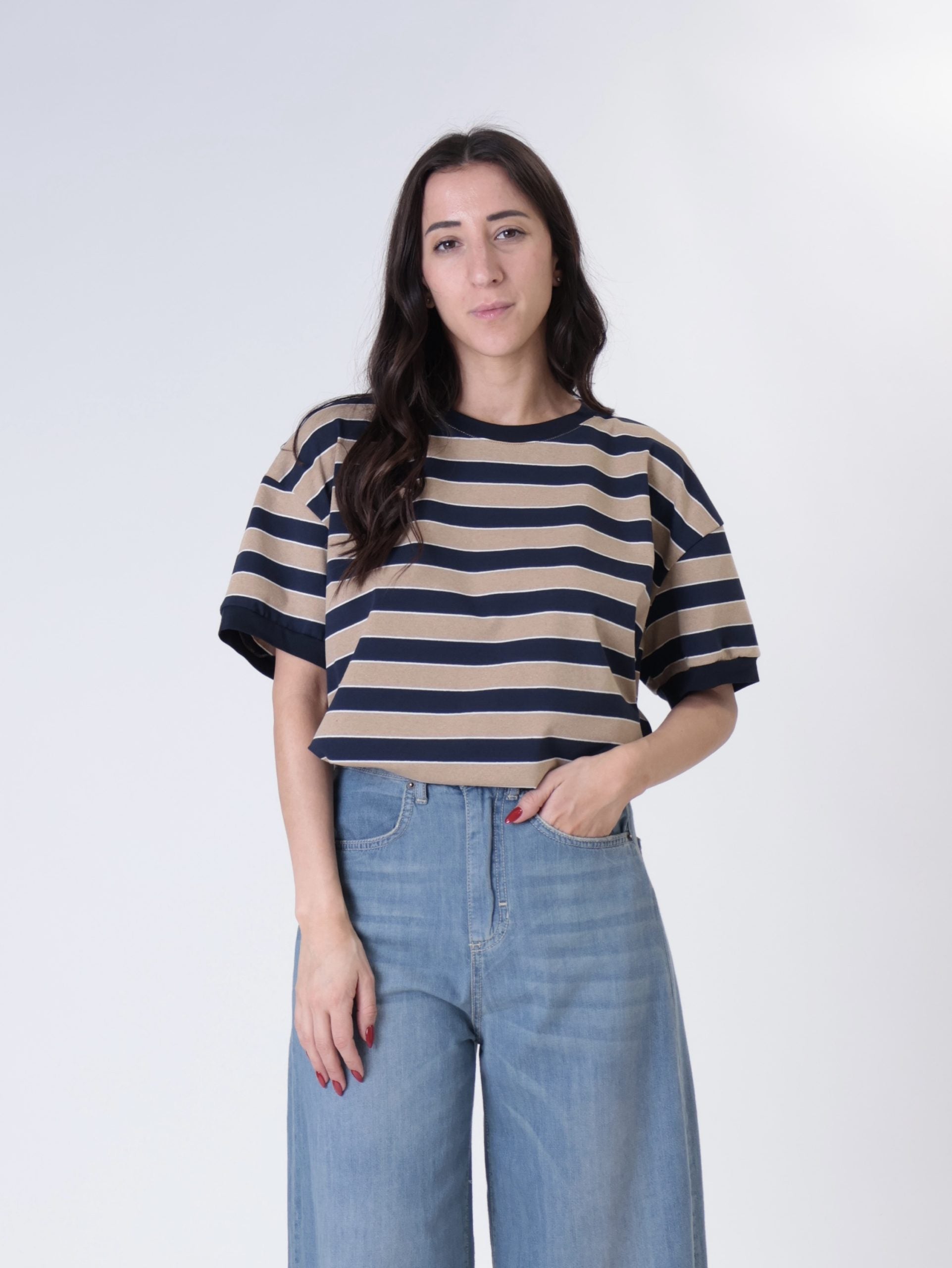 T-shirt m/m riga blu/beige