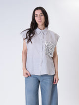 Sleeveless shirt with sequined pearl pocket