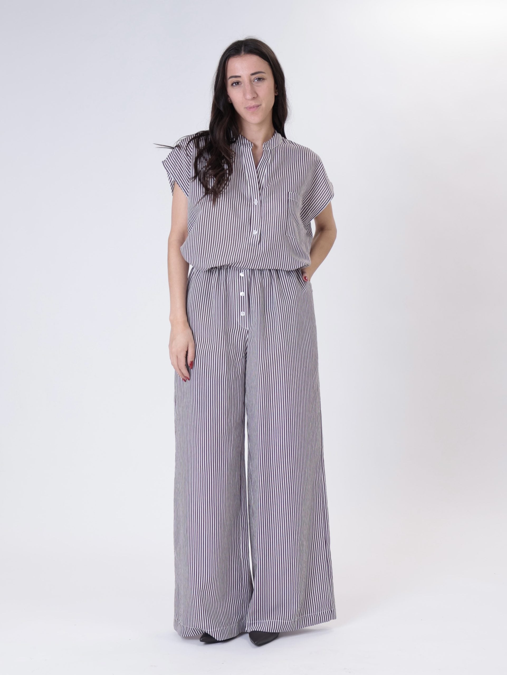 Striped button trousers white/burgundy