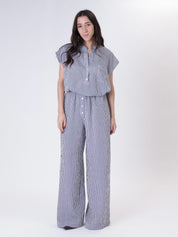 White/blue striped button trousers