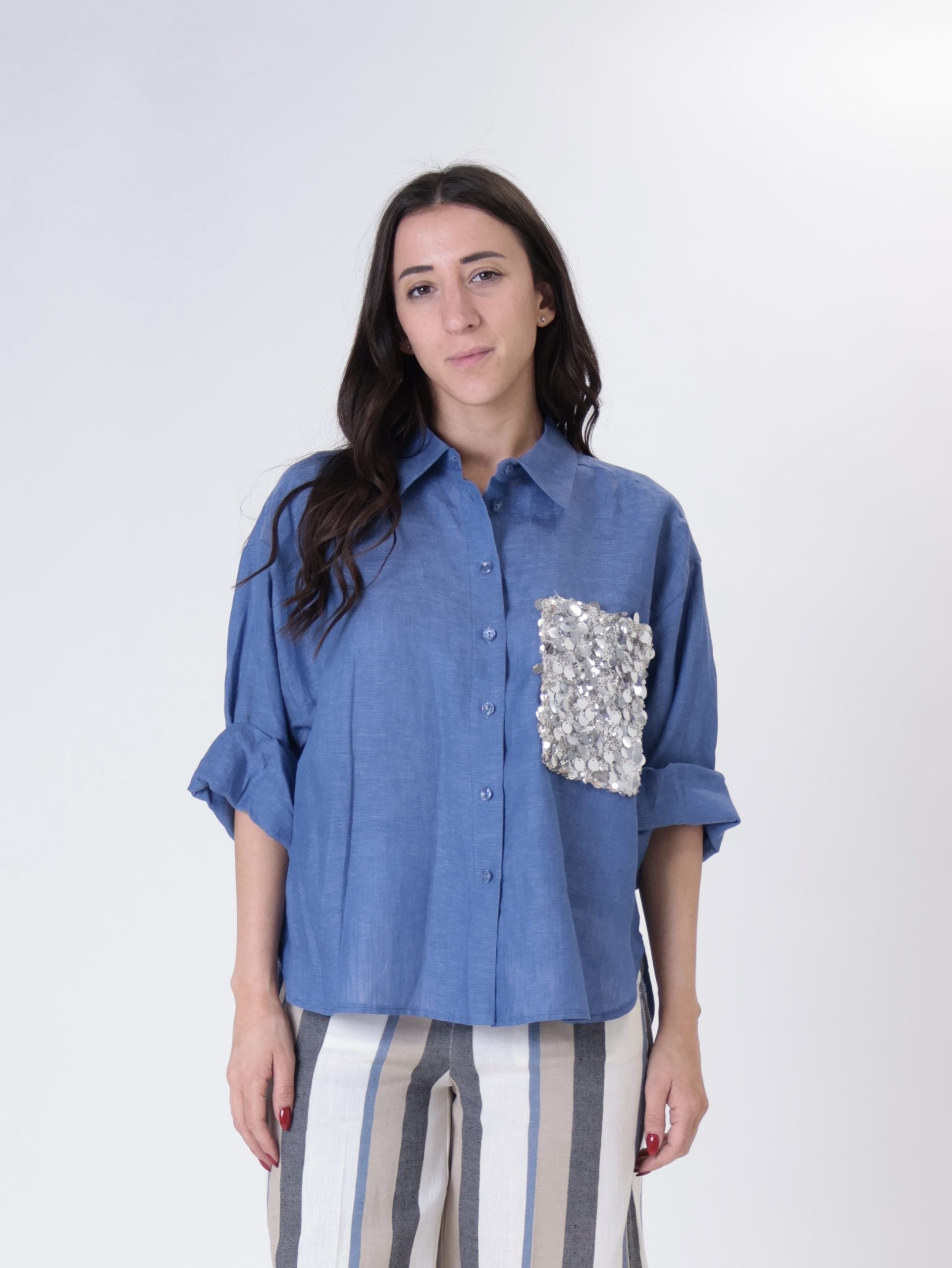 Indigo 100% linen sequin pocket shirt