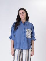 Indigo 100% linen sequin pocket shirt
