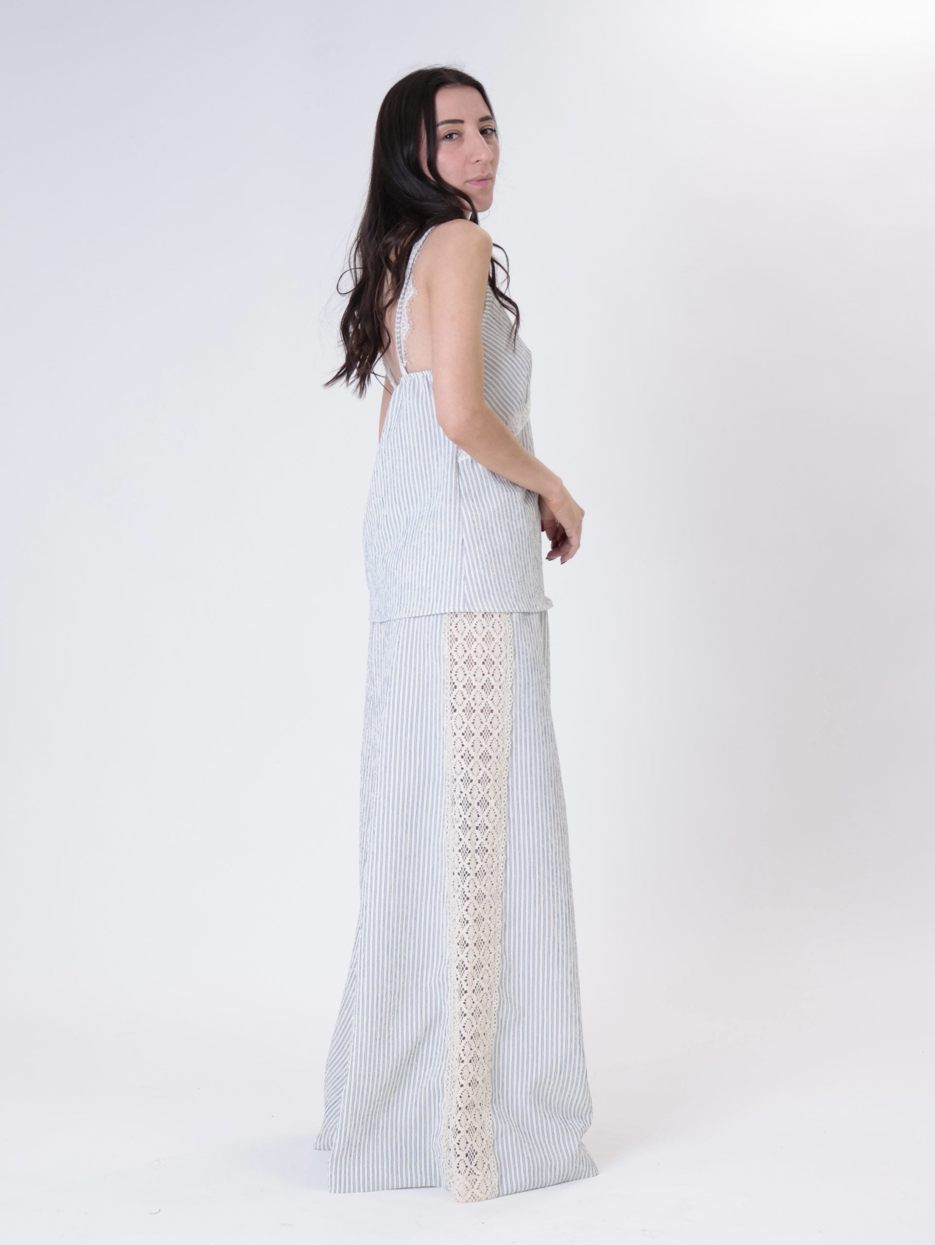 Blue crochet stripe band trousers
