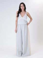 Blue crochet stripe band trousers