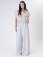 Blue crochet stripe band trousers