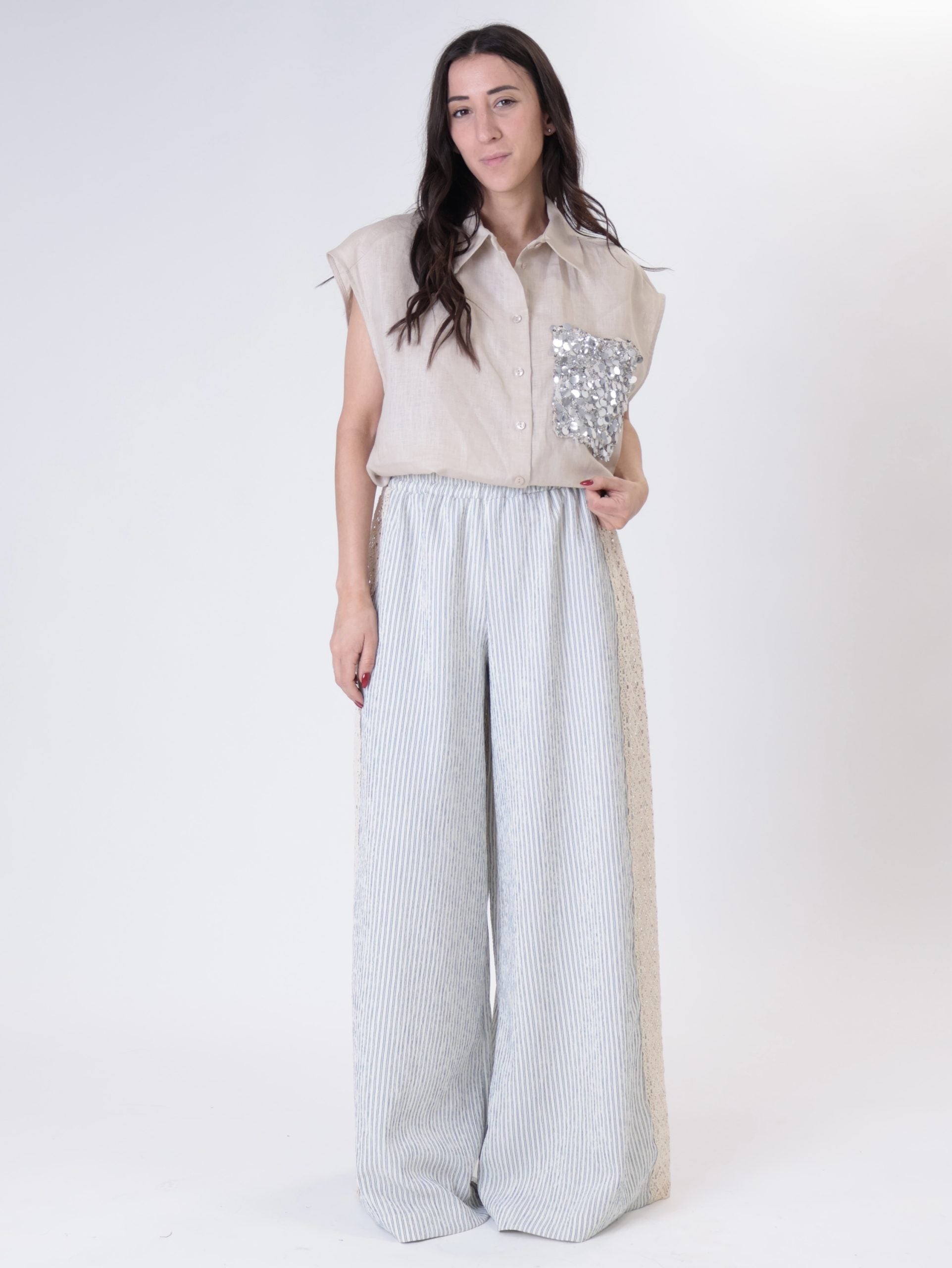 Blue crochet stripe band trousers