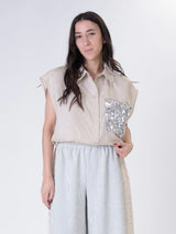 Camicia smanicata tasca paillettes beige