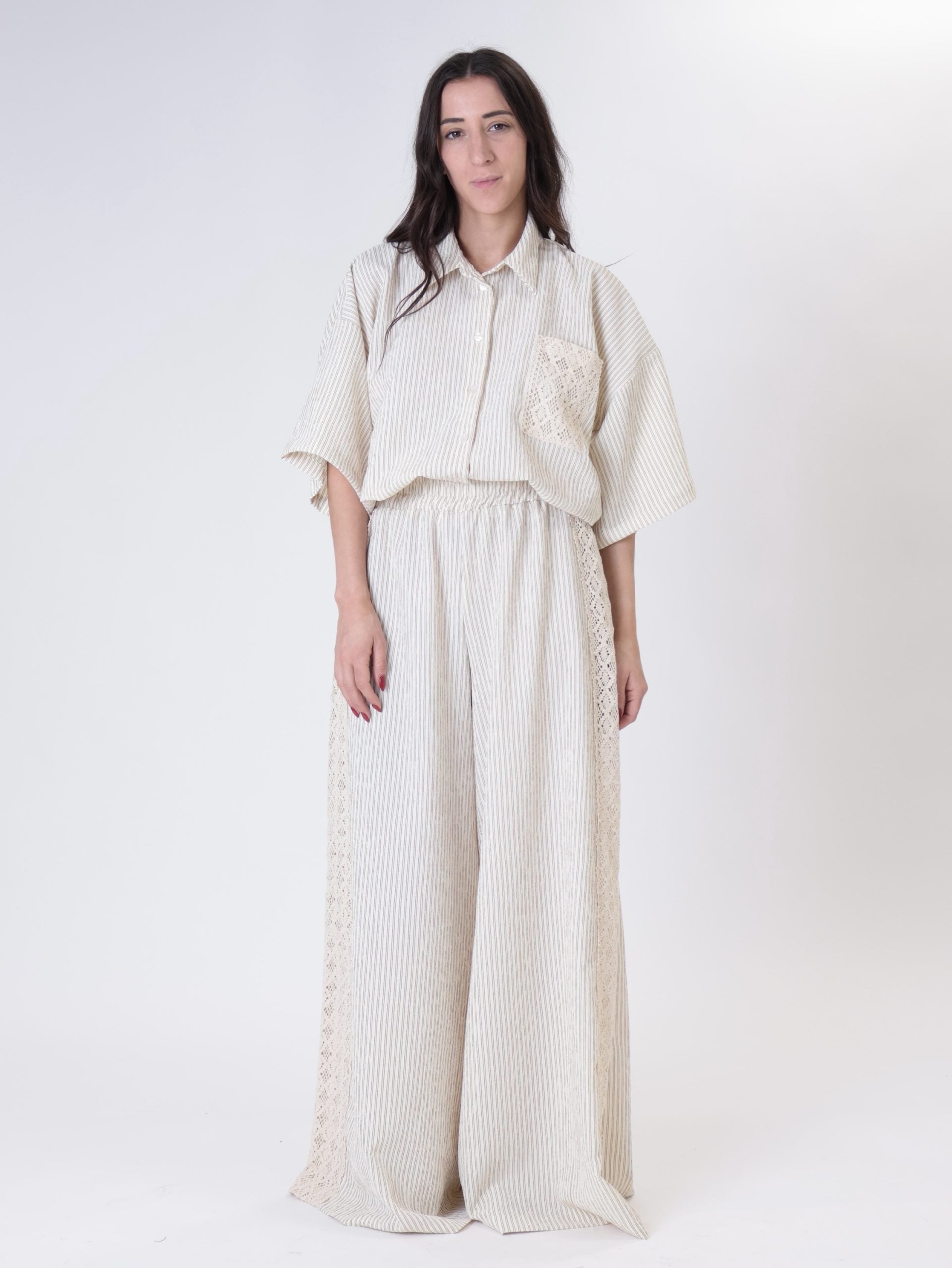 Pantalone riga banda crochet beige