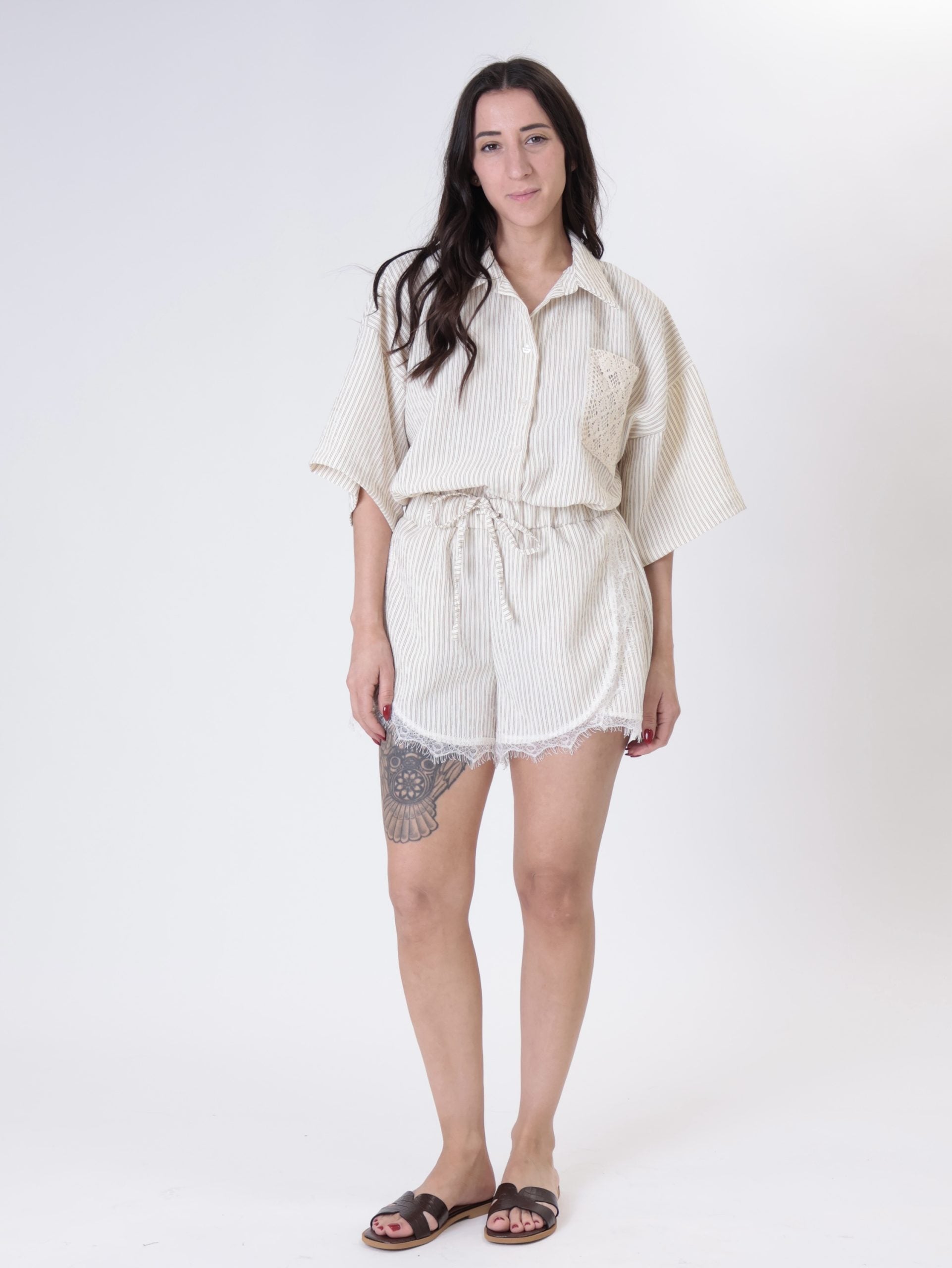 Beige striped shorts with lace trim
