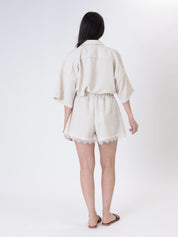 Beige striped shorts with lace trim