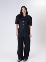 Women's Black Puffed Sleeve Jacket 100% Linen