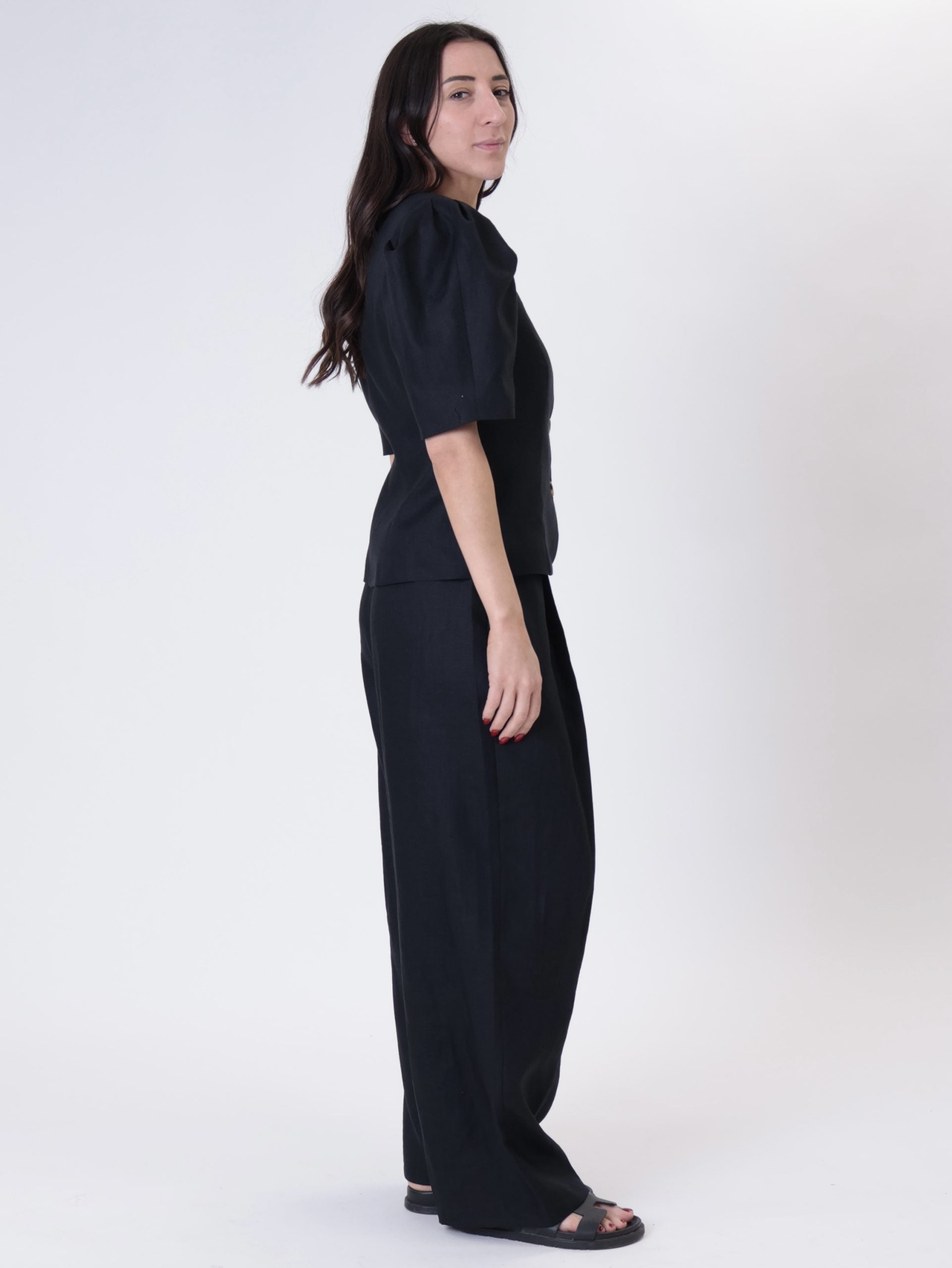 Women's Black Puffed Sleeve Jacket 100% Linen