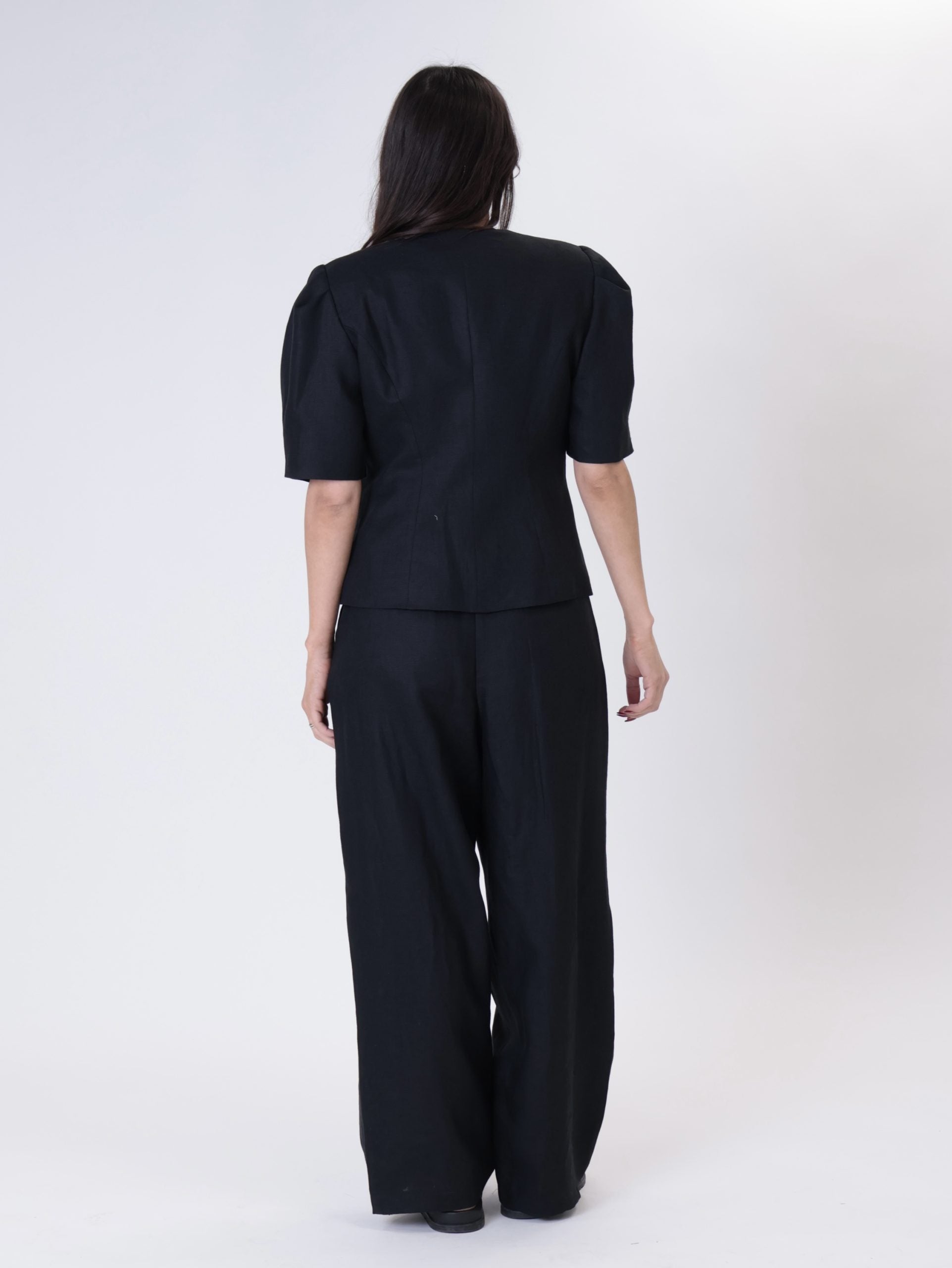 Women's Black Puffed Sleeve Jacket 100% Linen