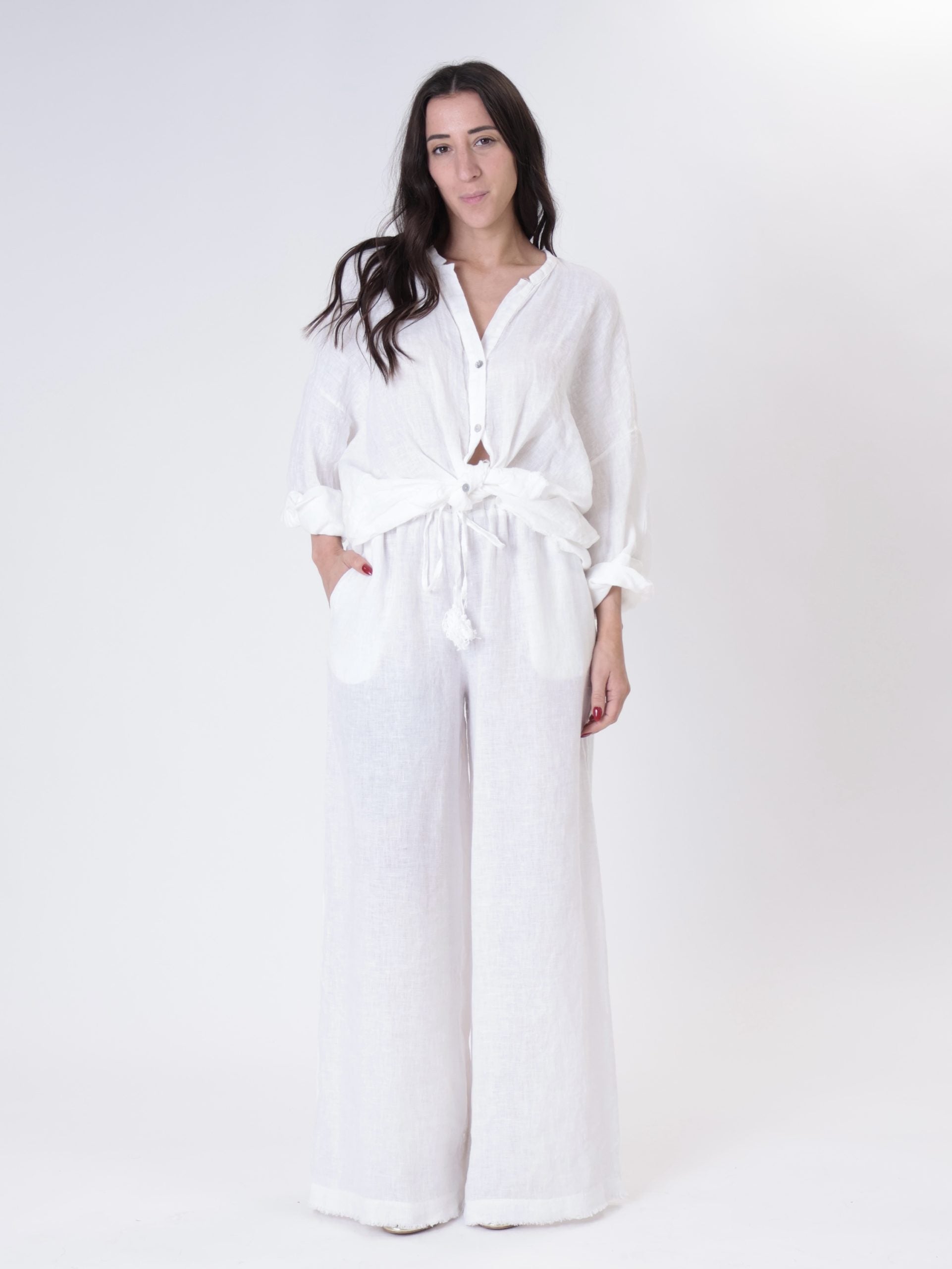 Pantalone elastico in vita 100% lino bianco