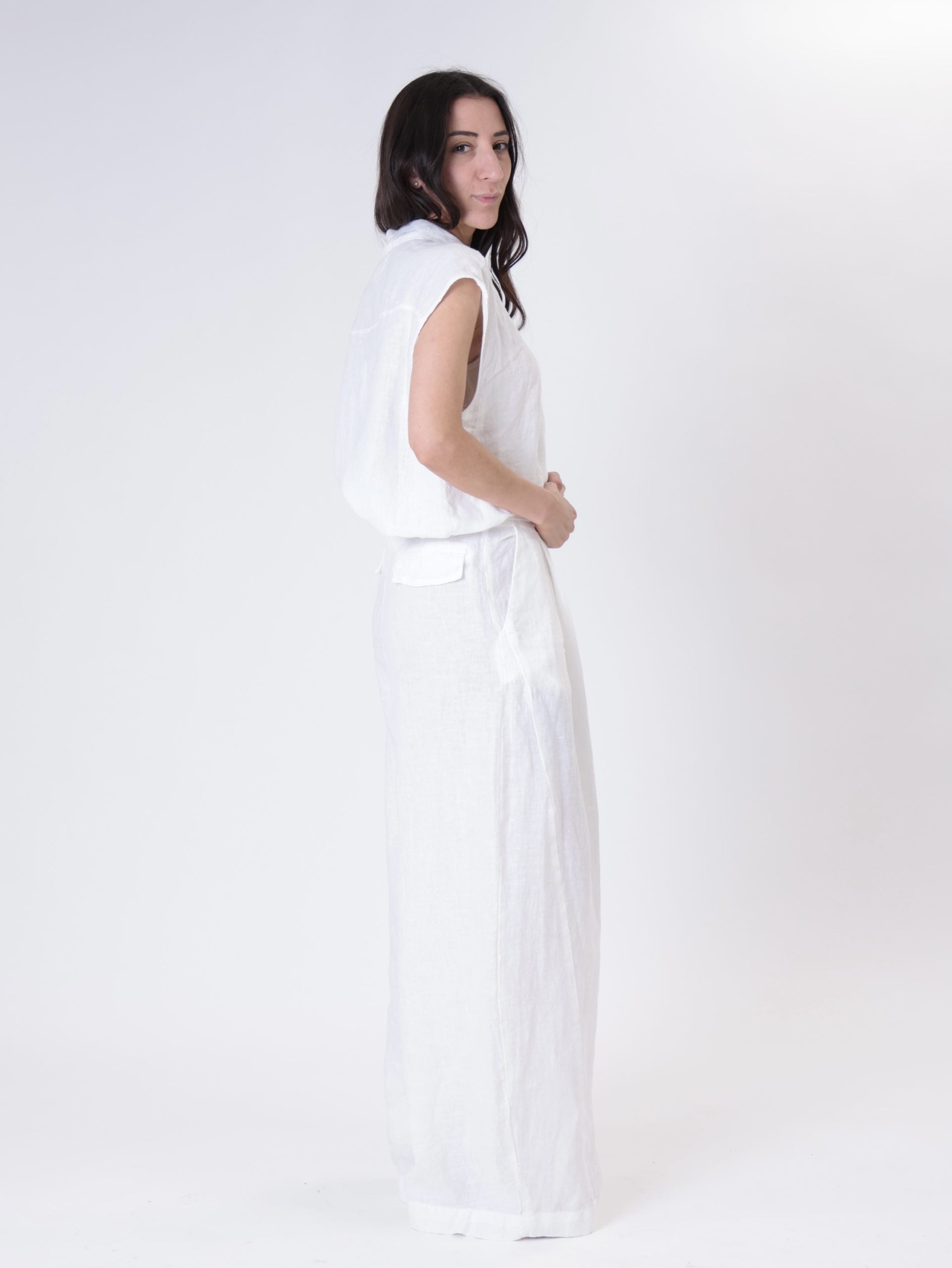 Pantalone pinces 100% lino bianco