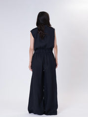 Elastic waist trousers 100% blue linen