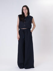 Elastic waist trousers 100% blue linen