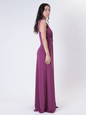 Abito scollato con nodo fucsia