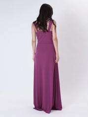 Abito scollato con nodo fucsia