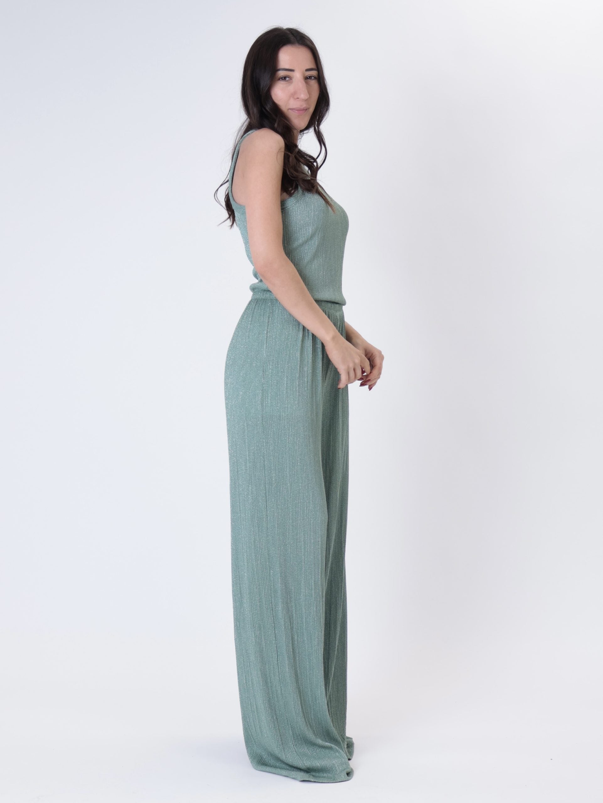 Pantalone lurex righe verde acqua