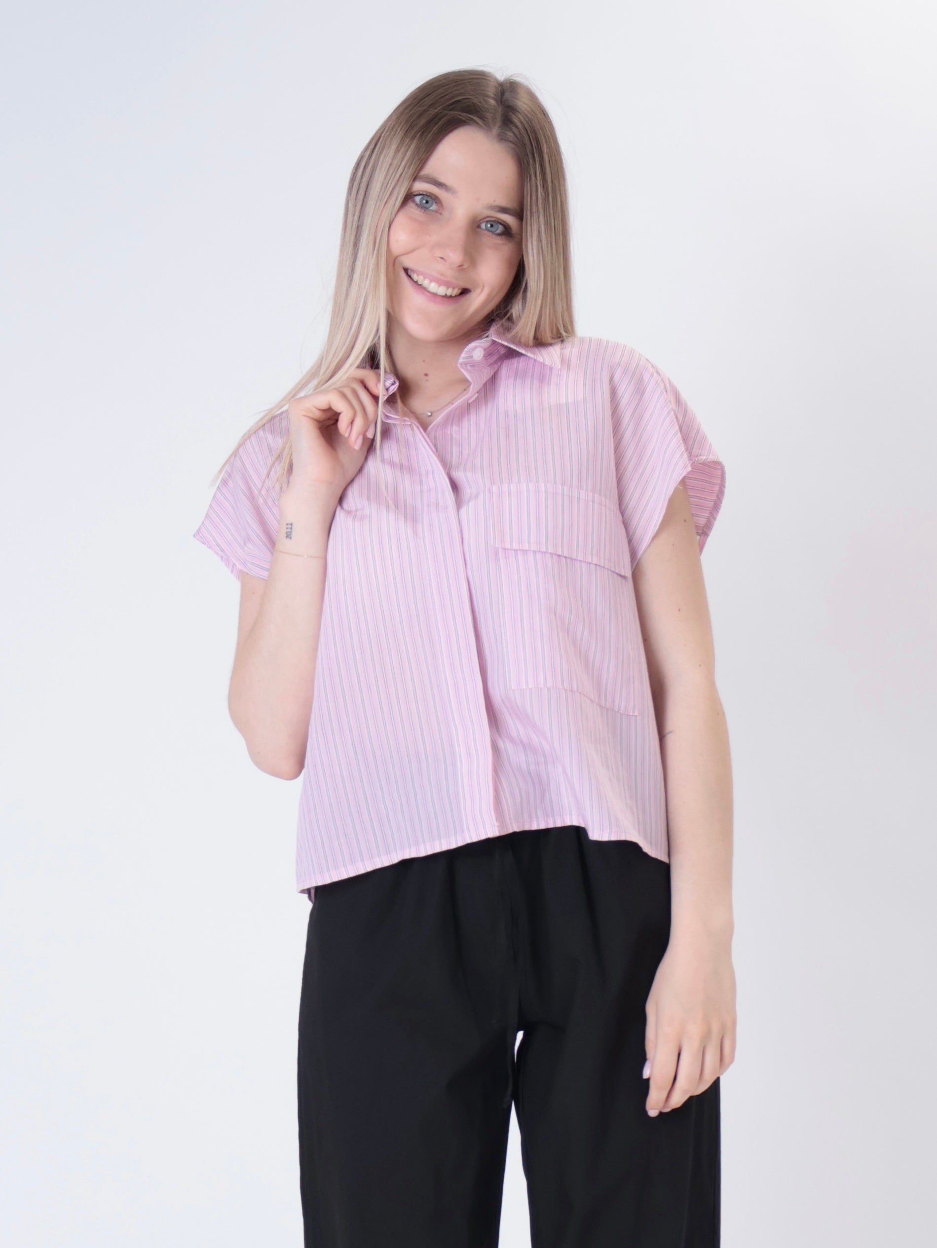 Camicia smanicta riga rosa