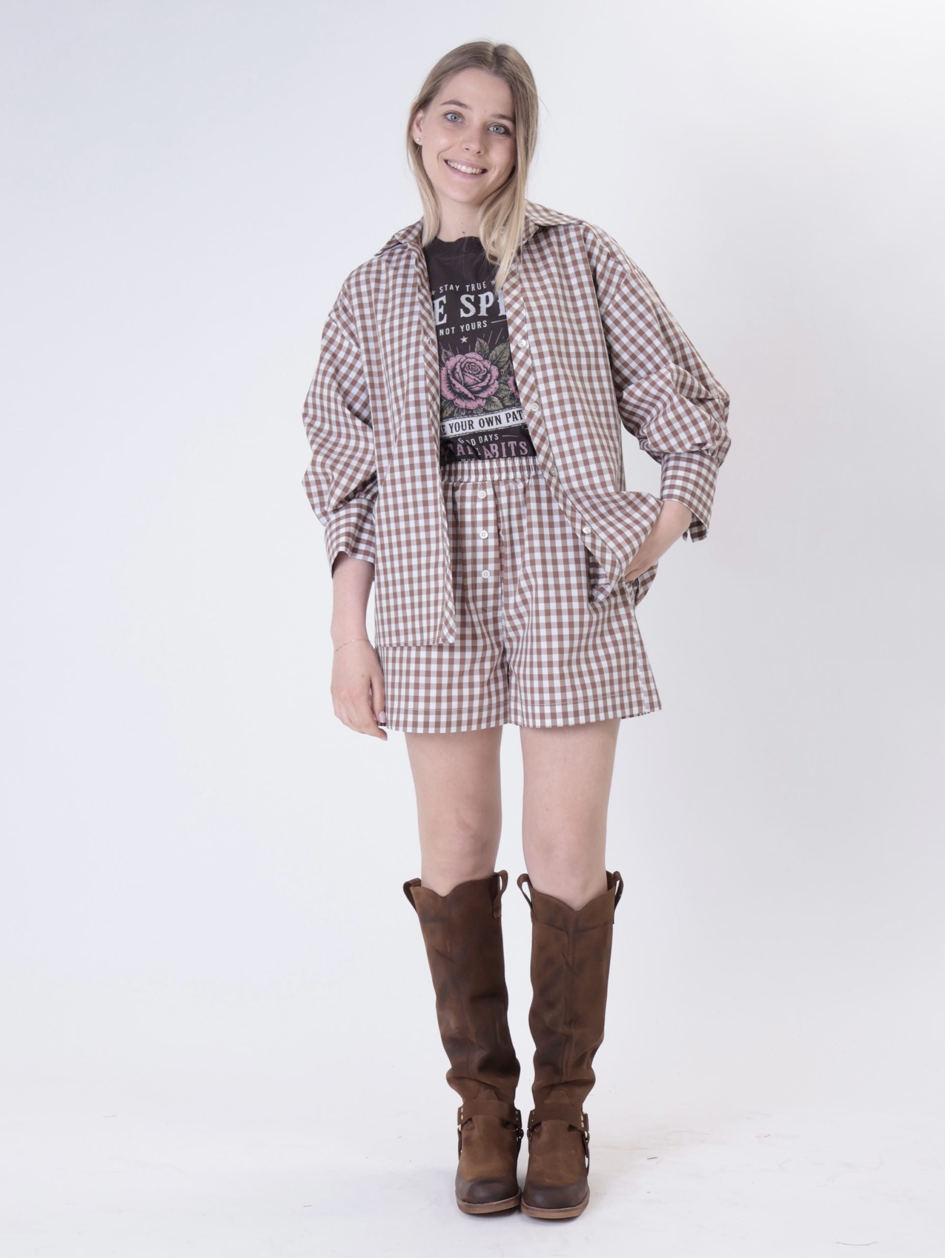 Camicia bottone retro vichy nocciola