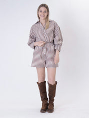Camicia bottone retro vichy nocciola