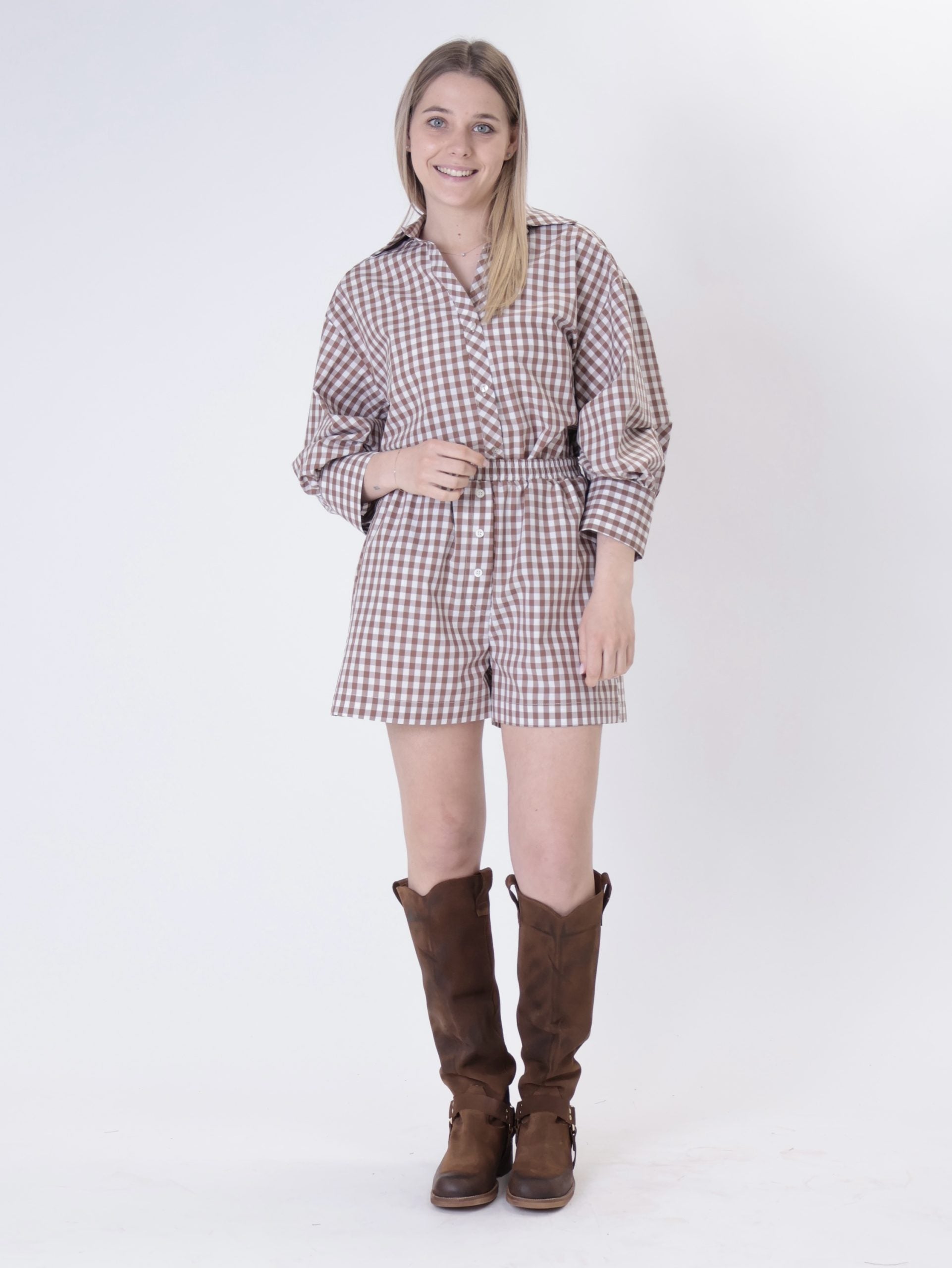 Camicia bottone retro vichy nocciola