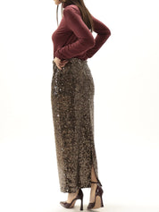 Gonna longuette con zip paillettes moro