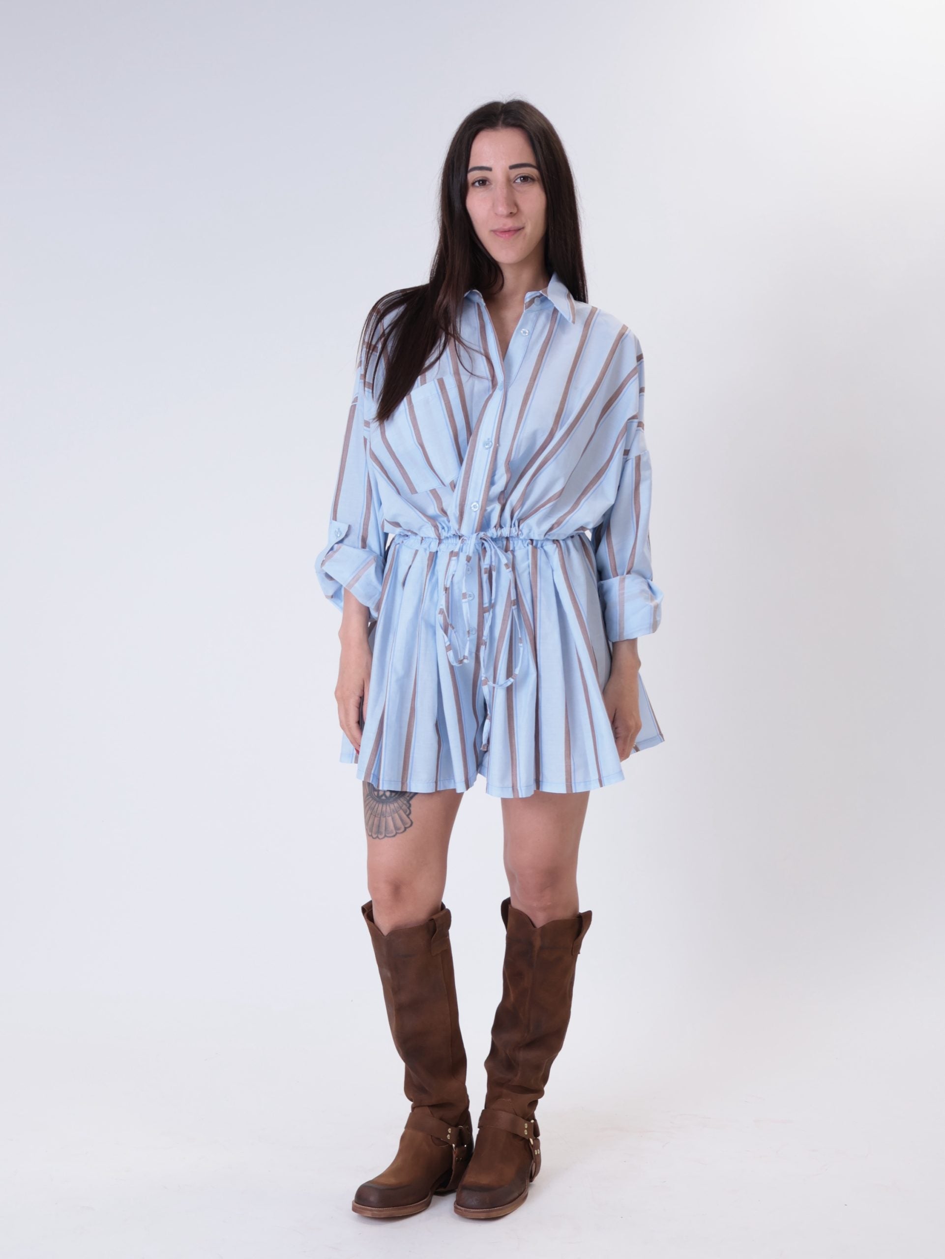 Completo camicia + shorts righe celeste