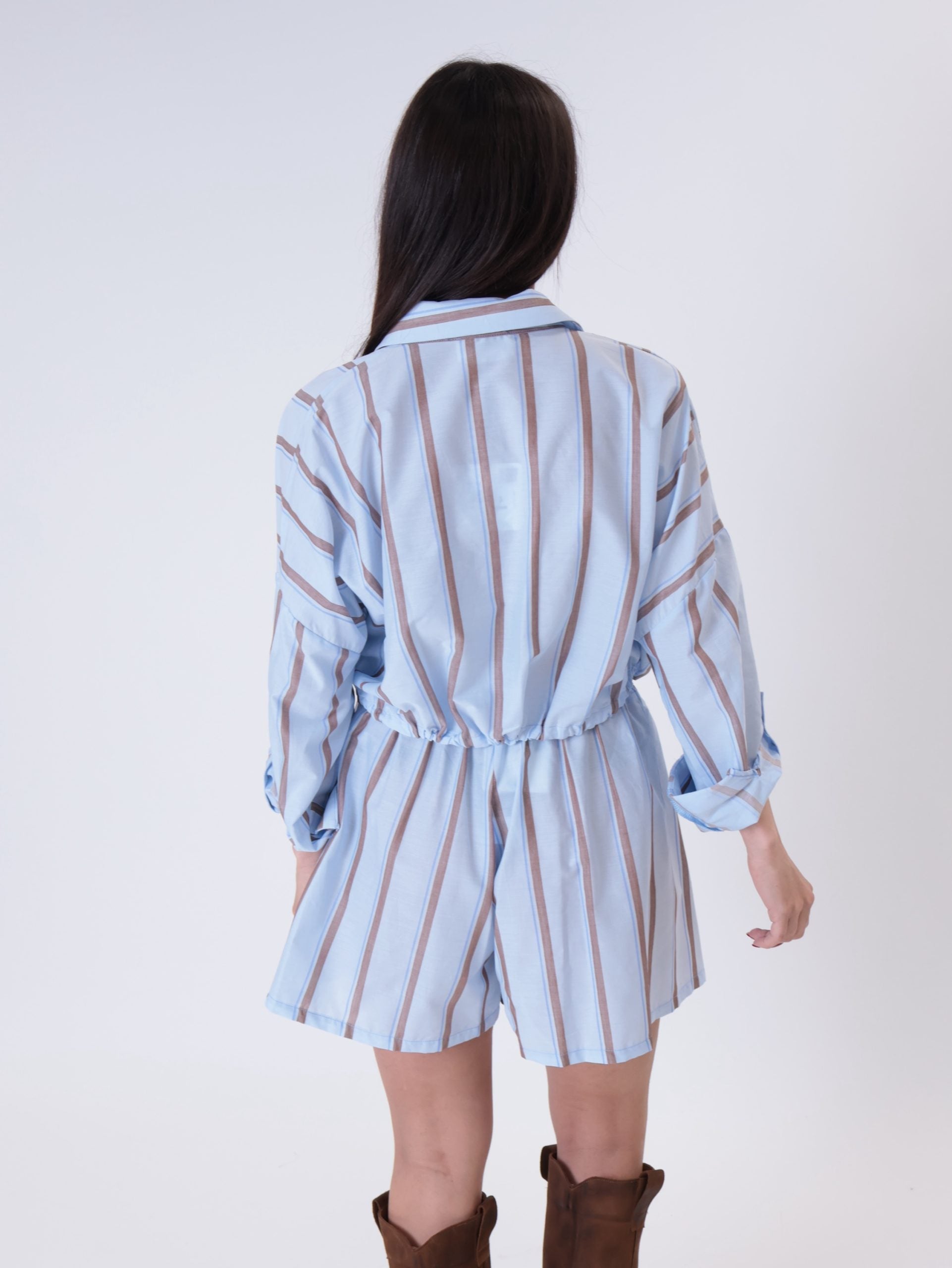 Completo camicia + shorts righe celeste