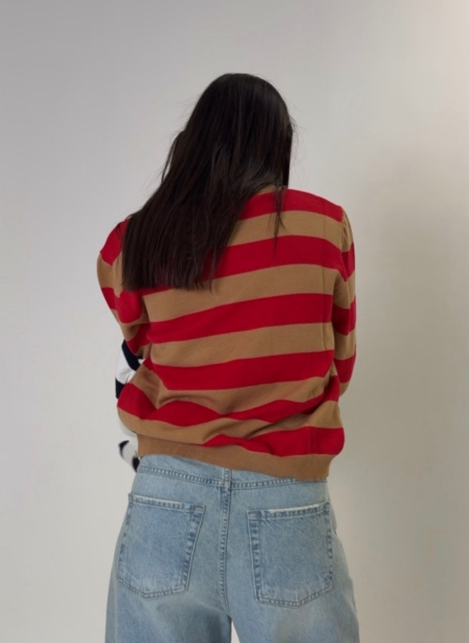 Camel/Red Striped V-neck Sweater