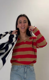 Camel/Red Striped V-neck Sweater